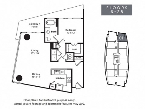 Floor plan for 1 bed, 1 bath, 1105 sqft
